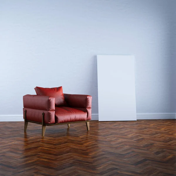 3d renderizar sillón rojo en el interior blanco simulan perspectiva —  Fotos de Stock