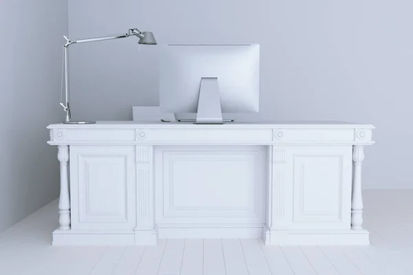 3d renderizar interior de escritório branco com lâmpada de mesa grande e computador — Fotografia de Stock