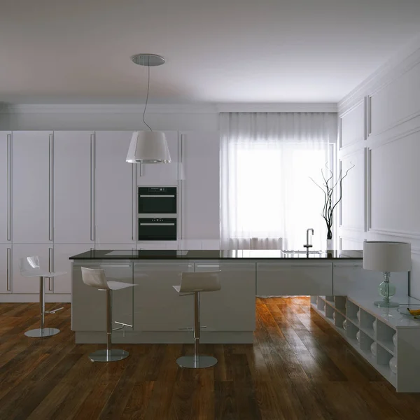 3 d レンダリングの現代的な白いキッチンと木製の寄せ木張りの床 — ストック写真