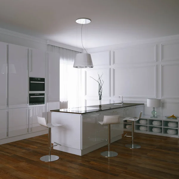 3d rendere bianco cucina contemporanea in moderno interno bianco — Foto Stock