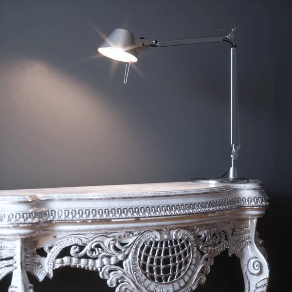 Белый деревянный резной стол с яркой лампой 3D рендеринга — стоковое фото
