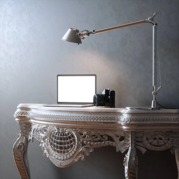 Lieu de travail en gros plan avec ordinateur portable, caméra et lampe rendu 3d — Photo