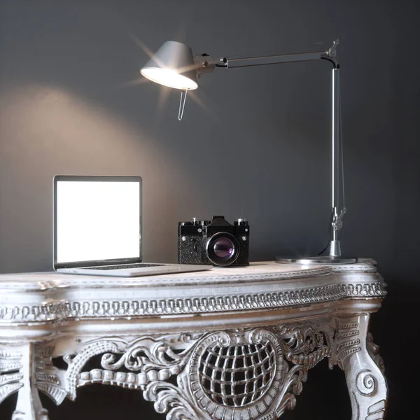 Hedendaagse kantoor plaats met laptop, camera en lamp 3d render — Stockfoto