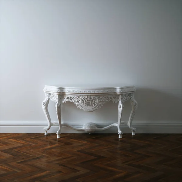 Bílé dřevěné vyřezávané tabulka v prázdné vnitřní 3d vykreslení — Stock fotografie