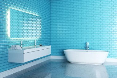 Mavi minimalist Banyo Tasarım 3d render