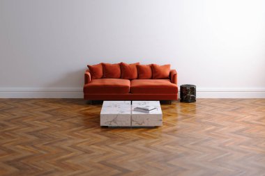 Yeni beyaz salon iç minimalist kanepe ve mermer sehpa üzerinde ahşap zemin parke 3d render sürüm 6