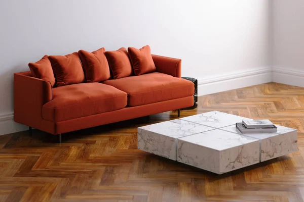 New White Living Room Interior Velvet Red Minimalistic Sofa Wood — Stock Photo, Image