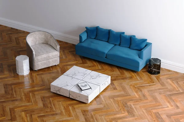 Nový Interiér Obýváku Bílé Tmavě Modré Minimalistický Pohovka Dřevěné Podlahy — Stock fotografie
