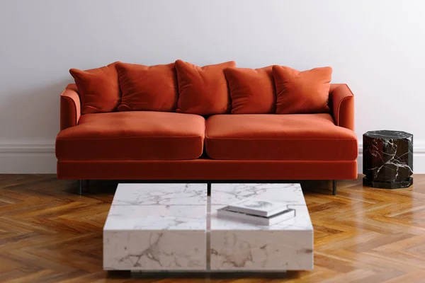 Nieuw Wit Woonkamer Interieur Met Fluweel Minimalistische Sofa Parket Parket — Stockfoto