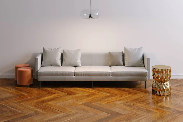 Nuevo Interior Sala Estar Blanca Con Sofá Minimalista Parquet Madera —  Fotos de Stock