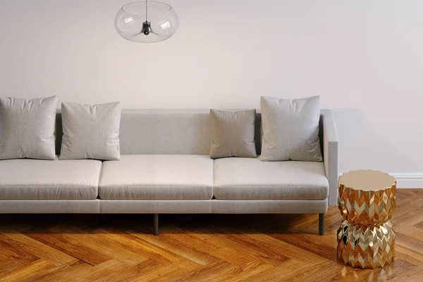 Nuevo Interior Sala Estar Blanco Con Sofá Minimalista Parquet Madera — Foto de Stock