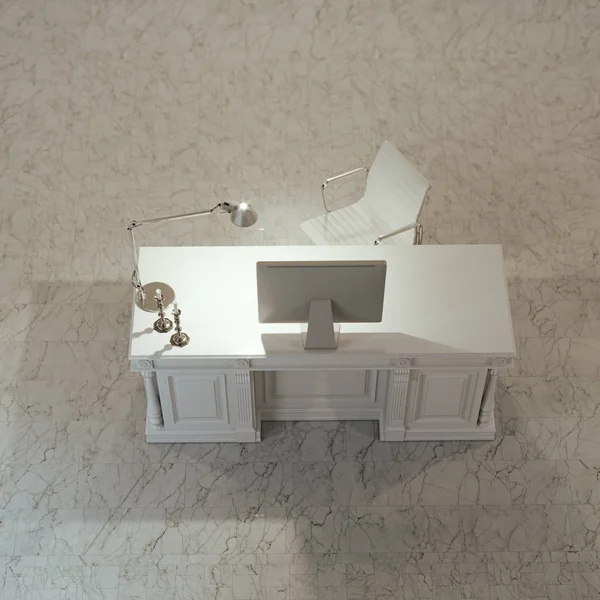 简约博客办公室内部的白色房间与大理石地板3D — 图库照片