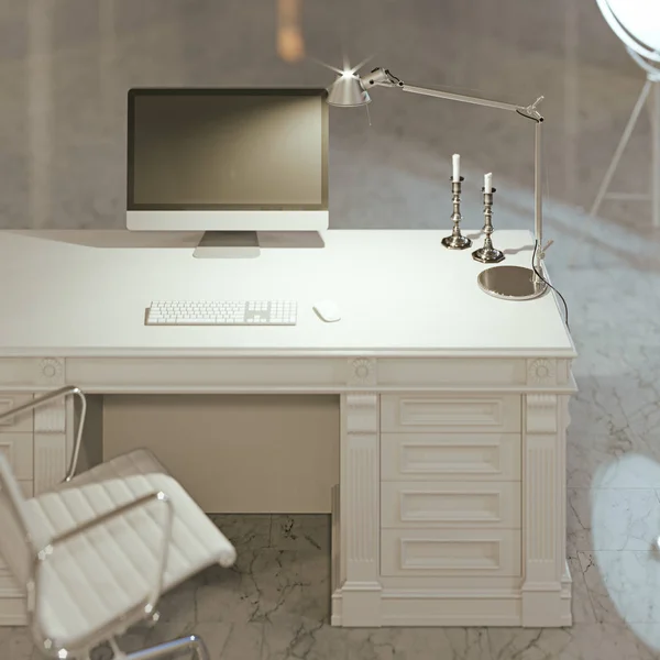 Vintage blogger office interior in white room with marble floor  close up 3d render