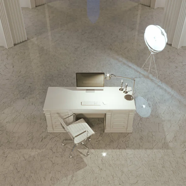 Minimalistisches Blogger Büro Interieur Weißem Raum Mit Marmorboden Und Stehlampe — Stockfoto
