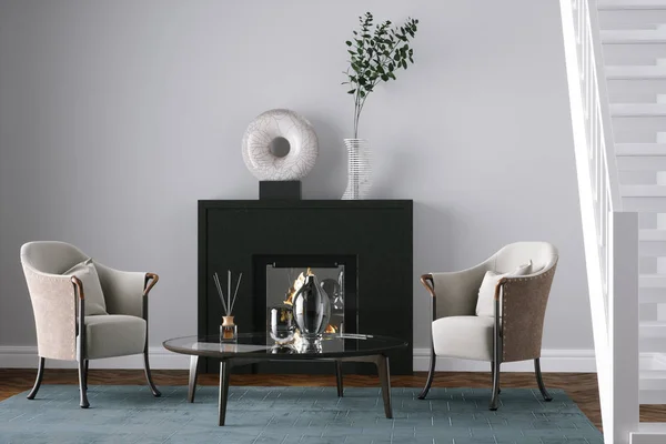 Schwarzer Kamin im neuen Wohnzimmer mit Stühlen 3D-Render — Stockfoto