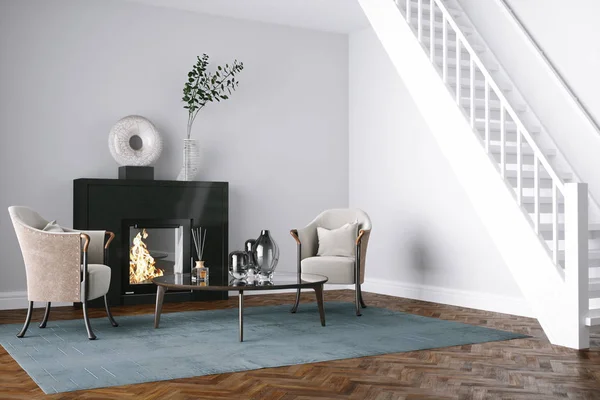 Schwarzer Kamin im weißen Wohnzimmer 3D-Render — Stockfoto