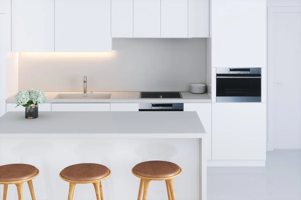 Primo piano bianco cucina minimalista 3d rendere — Foto Stock