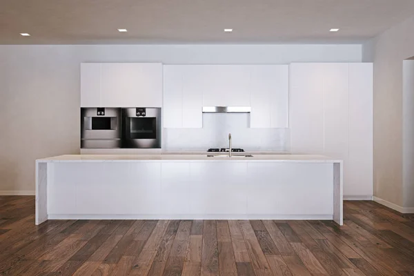 Cocina minimalista blanca en el suelo de madera 3d render — Foto de Stock