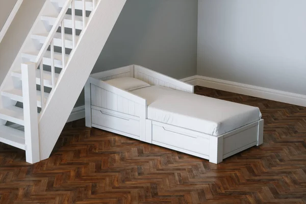 Vita barn säng och trappor i grå skandinaviska barn rum 3d rämna — Stockfoto