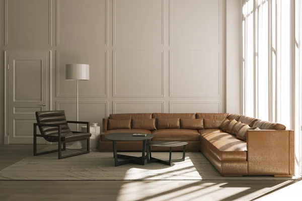 Puesta de sol en el interior blanco contemporáneo con muebles de cuero y — Foto de Stock