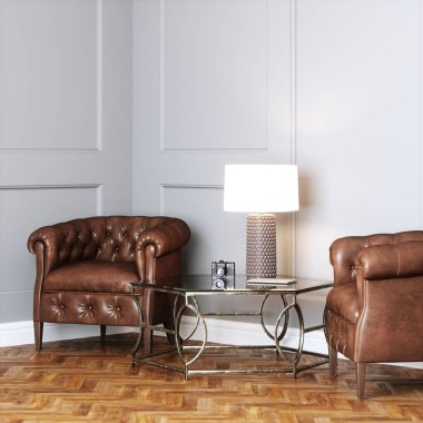 Vintage deri koltuklar ve cam masa lambası klasik ile ben