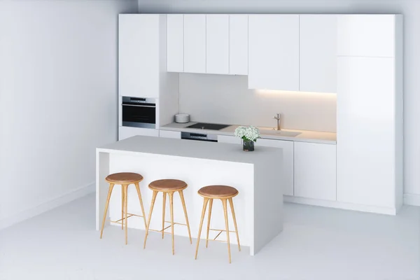 Cozinha minimalista branca em nova sala 3D render — Fotografia de Stock