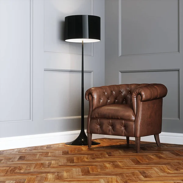 Retro kožené křeslo a stojací lampa v klasickém interiéru 3d r — Stock fotografie