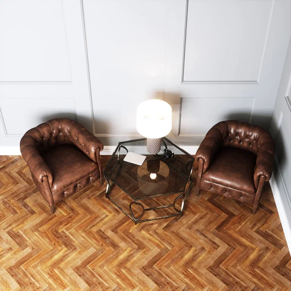 Sillones de cuero vintage y mesa de cristal con lámpara en i clásico — Foto de Stock