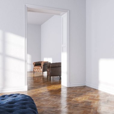 Vintage mavi kadife koltuk beyaz klasik iç 3d render içinde