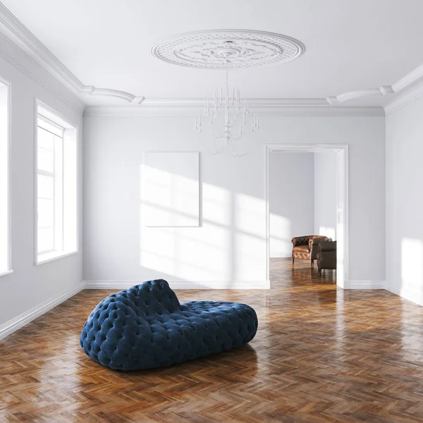 Sofá de terciopelo azul vintage en blanco clásico interior 3d render —  Fotos de Stock