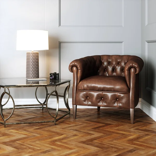 Muebles vintage de cuero en interior clásico con parque de madera —  Fotos de Stock