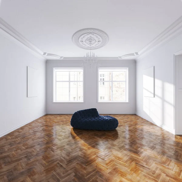 Винтажный синий бархатный диван в белом классическом интерьере 3D рендеринг — стоковое фото