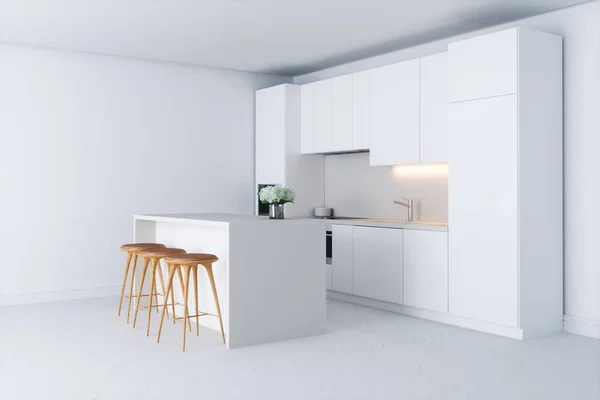 Cocina minimalista contemporánea en el nuevo interior blanco 3d rende —  Fotos de Stock