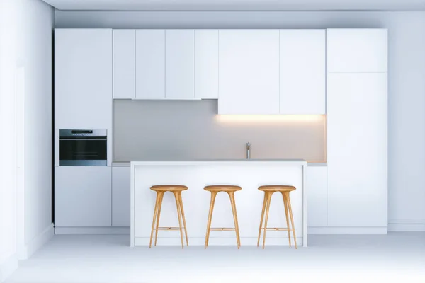 Cozinha minimalista contemporânea em novo interior branco 3d rende — Fotografia de Stock