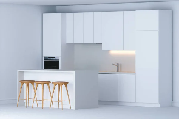 Cocina minimalista contemporánea en el nuevo interior blanco 3d rende —  Fotos de Stock