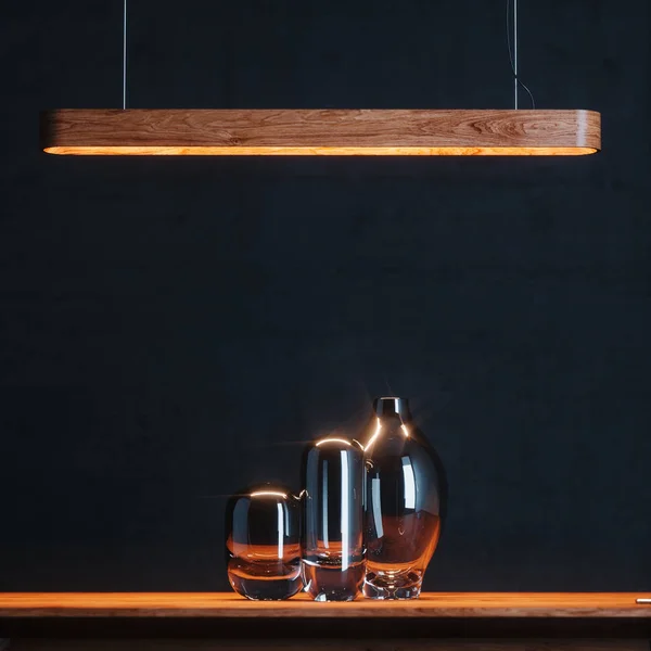 Vintage wooden pendant light and glass vases in black interior 3 — Stockfoto