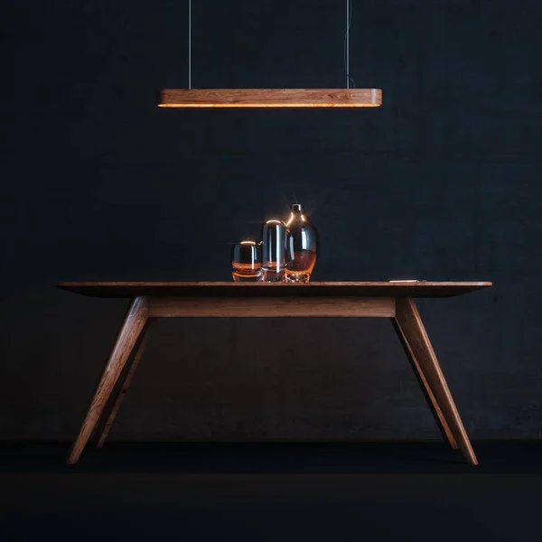 Vintage table with wooden pendant light in black interior 3d ren Obrazy Stockowe bez tantiem