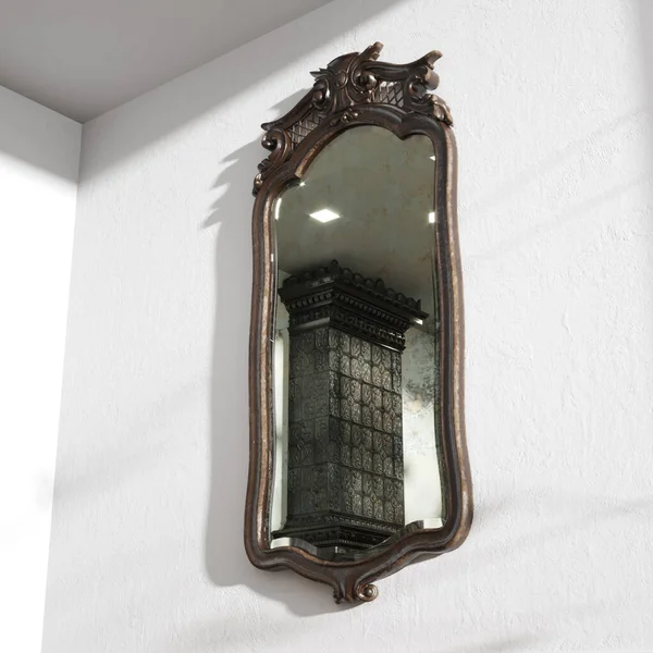 Classic Wood Carved Mirror Frame White Wall Render — Stock Photo, Image