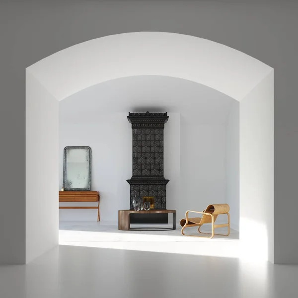 Nieuwe White Living Room Met Arc Vintage Open Haard Multiplex — Stockfoto