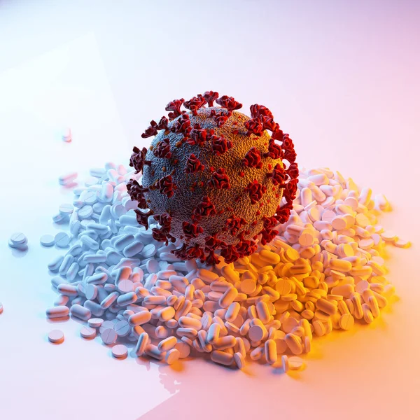 Coronavirus Covid 19流感大流行感染概念与疾病细胞和药物丸密切相关 — 图库照片