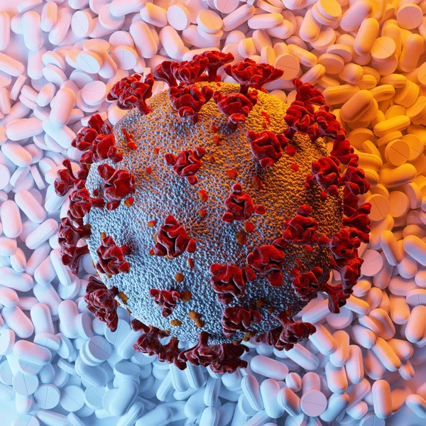 Coronavirus Covid 19流感大流行感染概念与疾病细胞和药物丸密切相关 — 图库照片