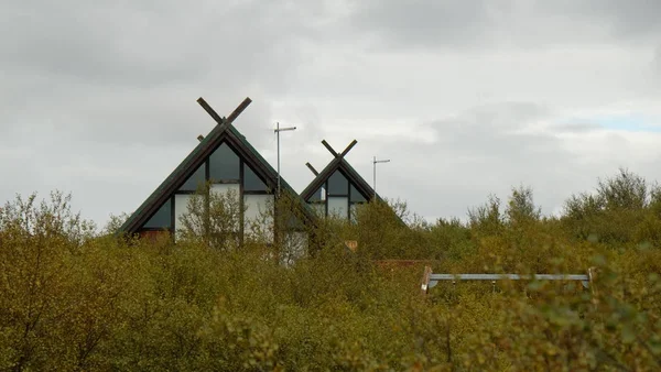 The roofs of two houses, which look like huts, look out from behind the trees — Stock Photo, Image