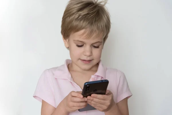 Cute Child Laughing Loudly Holding Cell Phone His Hand Kid — Stock Photo, Image