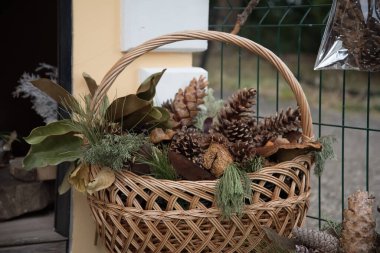 Hasır bir sepetin içindeki çeşitli koniler evin girişinde duruyordu. Yeni yıl ve Noel için dekorasyonlar.
