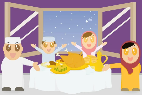 Müslüman bir mutlu aile Iftar partisi kutluyor