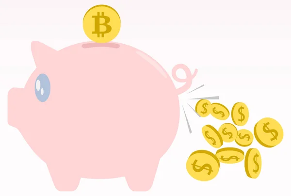 Someone Saved Bitcoin Currency Piggy Bank Now Has Earned Lot — Stock Vector