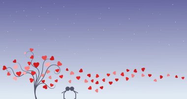 Gece yıldönümü gün içinde bir ağacının yanındaki ve kalpleri ve yıldızların altında öpüşmek aşık genç çift silüeti