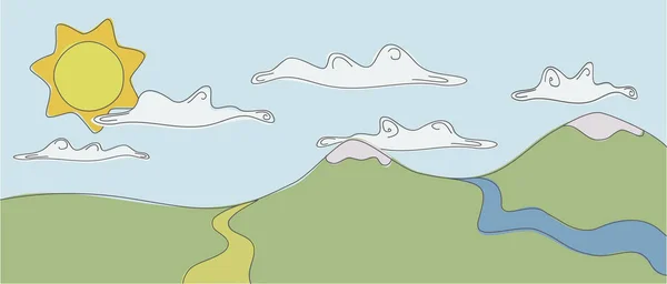 Renkli bir doodle sessiz doğa, dağlar, kar, nehir, yol, bulutlar ve güneş ile sağlıklı bir peyzaj hakkında