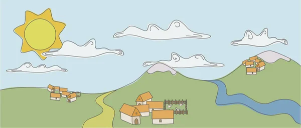 Renkli bir doodle dağlar, kar, yollar, nehirler, bulutlar ve güneş çevrili sessiz kentleri yaşam hakkında