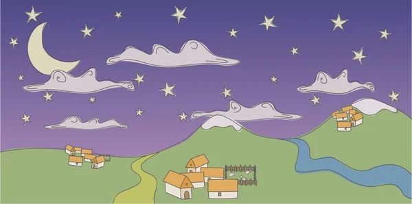 Sessiz kentleri yaşam hakkında renkli bir doodle dağlar, kar, yollar, nehirler, bulutlar, yıldızlar ve ay tarafından çevrili